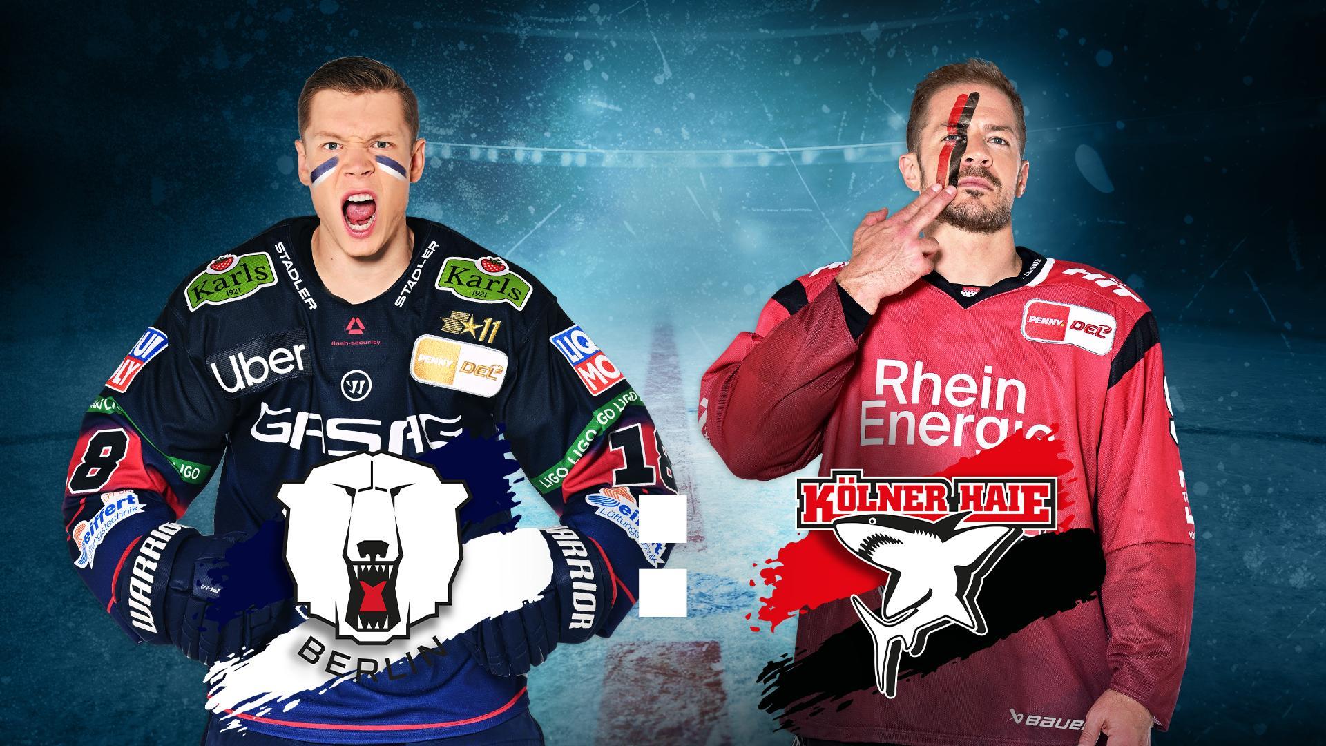 Werbegrafik PENNY DEL mit Logo und Spielern der Eisbären Berlin und der Kölner Haie vor Eishockey-Hintergrund